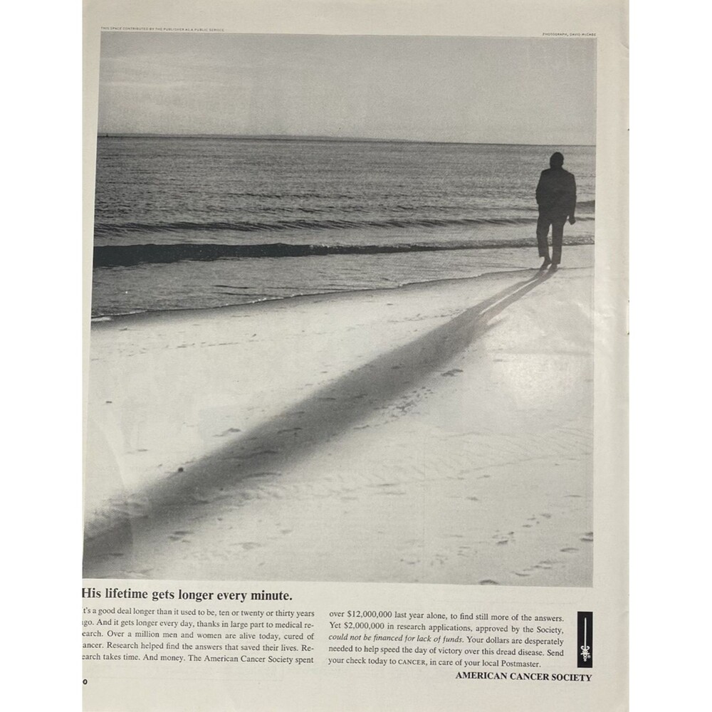 American Cancer Society "His Life gets longer every minute" Vtg Print Ad 1960's